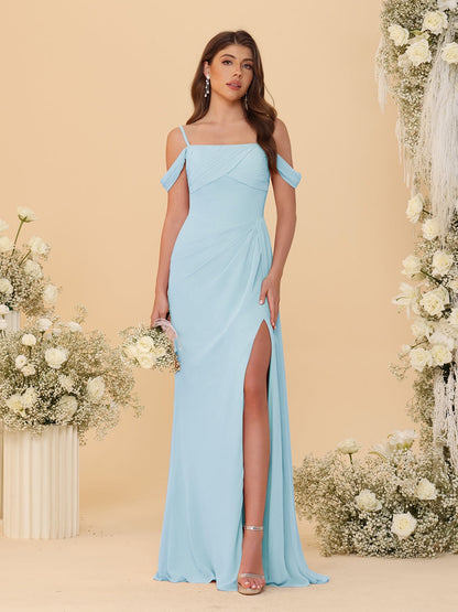 Sheath/Column Off-the-Shoulder Spaghetti Straps Long Ruched Bridesmaid Dresses With Side Slit