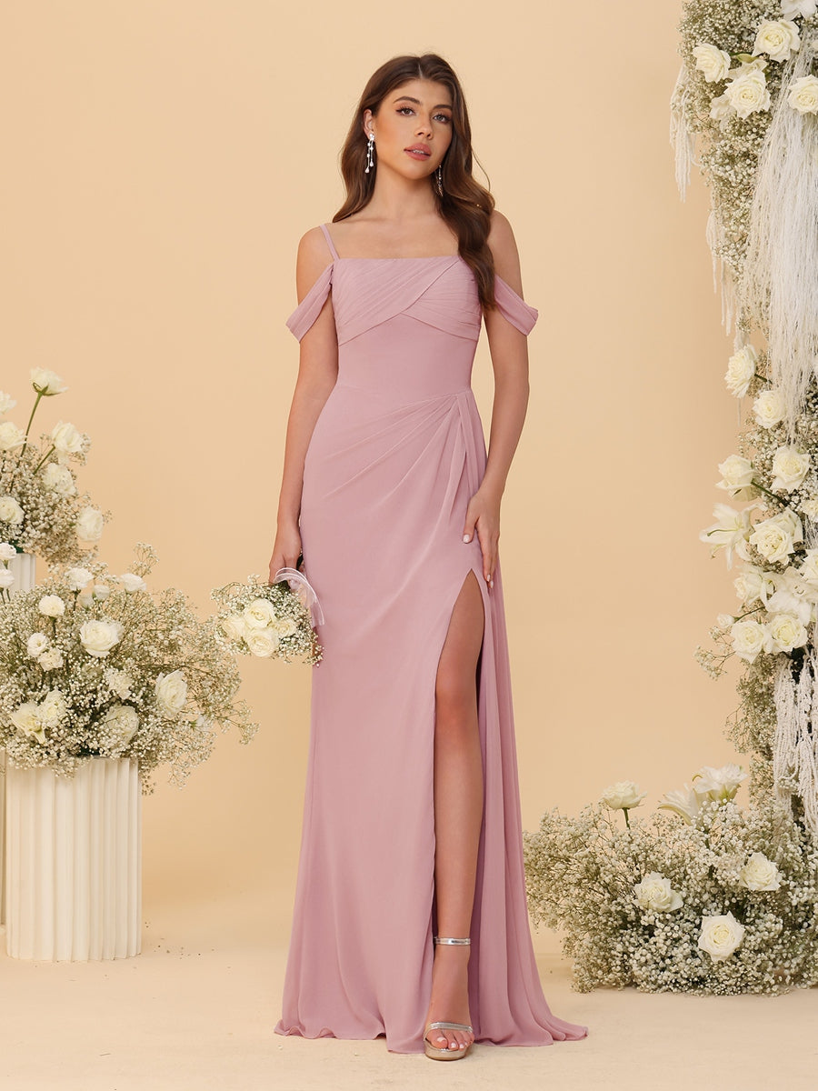 Sheath/Column Off-the-Shoulder Spaghetti Straps Long Ruched Bridesmaid Dresses With Side Slit