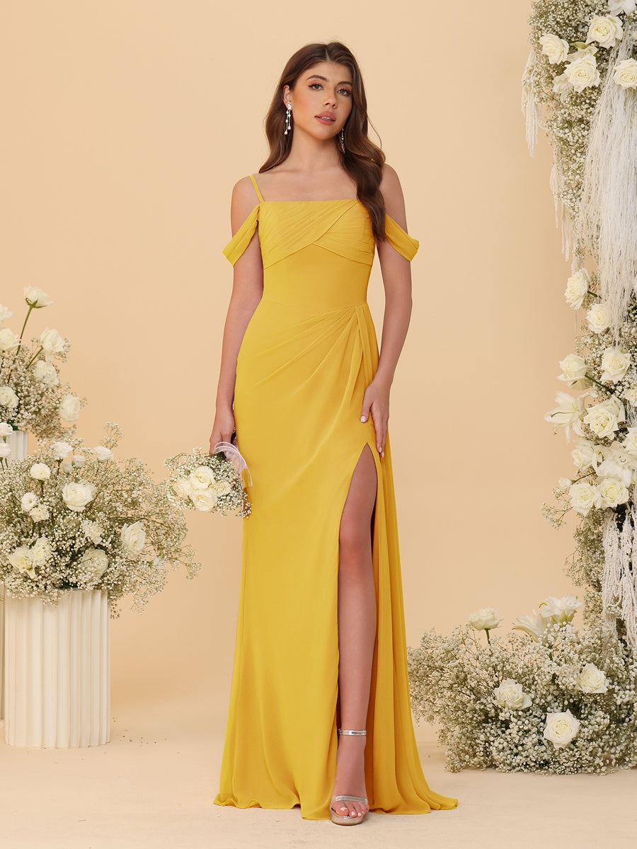 Sheath/Column Off-the-Shoulder Spaghetti Straps Long Ruched Bridesmaid Dresses With Side Slit