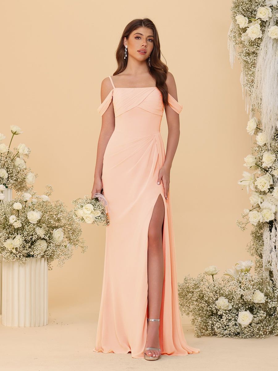 Sheath/Column Off-the-Shoulder Spaghetti Straps Long Ruched Bridesmaid Dresses With Side Slit