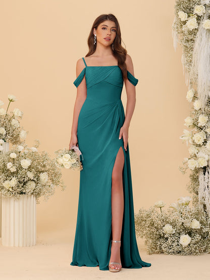 Sheath/Column Off-the-Shoulder Spaghetti Straps Long Ruched Bridesmaid Dresses With Side Slit