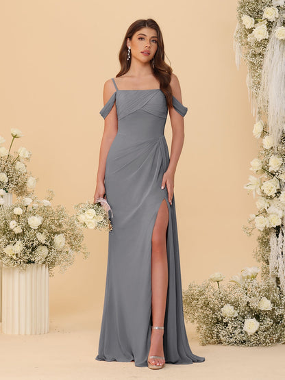 Sheath/Column Off-the-Shoulder Spaghetti Straps Long Ruched Bridesmaid Dresses With Side Slit
