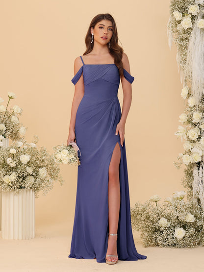Sheath/Column Off-the-Shoulder Spaghetti Straps Long Ruched Bridesmaid Dresses With Side Slit