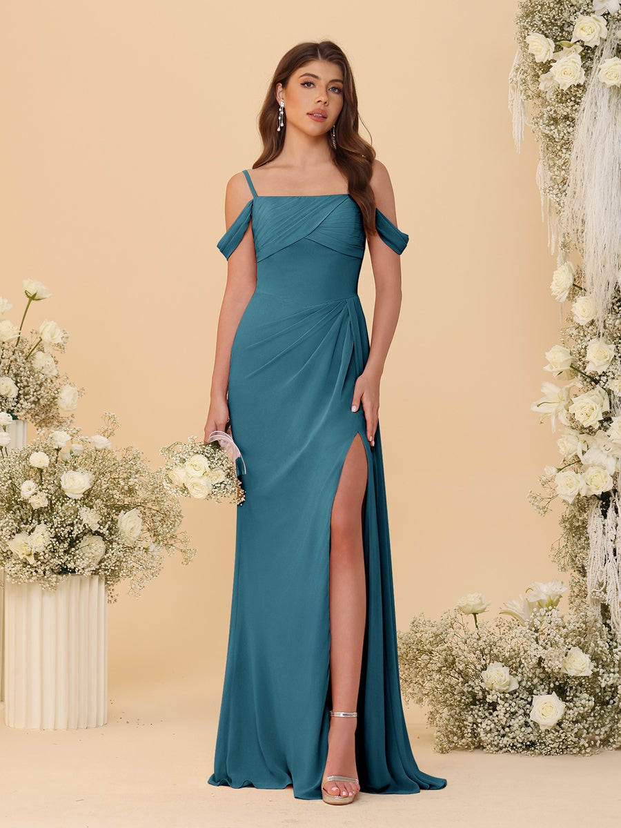 Sheath/Column Off-the-Shoulder Spaghetti Straps Long Ruched Bridesmaid Dresses With Side Slit