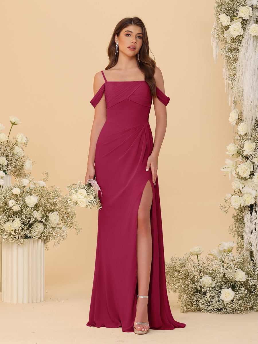 Sheath/Column Off-the-Shoulder Spaghetti Straps Long Ruched Bridesmaid Dresses With Side Slit