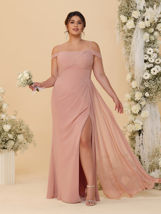 Sheath/Column Off-the-Shoulder Spaghetti Straps Plus Size  Bridesmaid Dresses With Side Slit