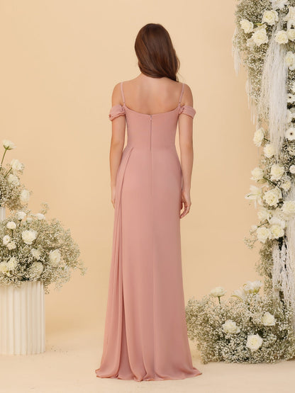 Sheath/Column Off-the-Shoulder Spaghetti Straps Plus Size  Bridesmaid Dresses With Side Slit