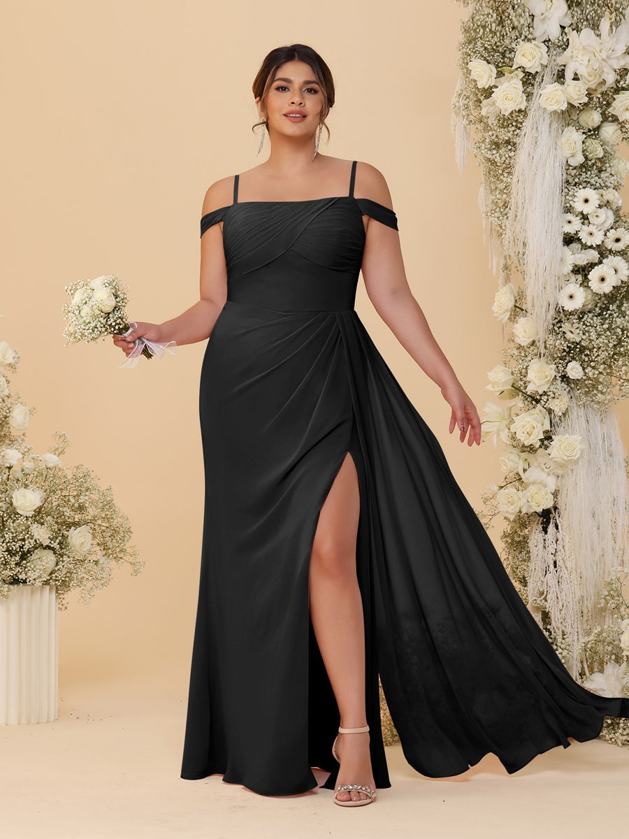 Sheath/Column Off-the-Shoulder Spaghetti Straps Plus Size  Bridesmaid Dresses With Side Slit