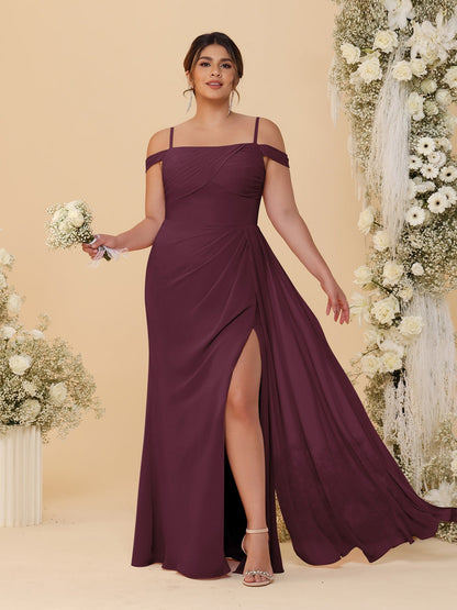Sheath/Column Off-the-Shoulder Spaghetti Straps Plus Size  Bridesmaid Dresses With Side Slit