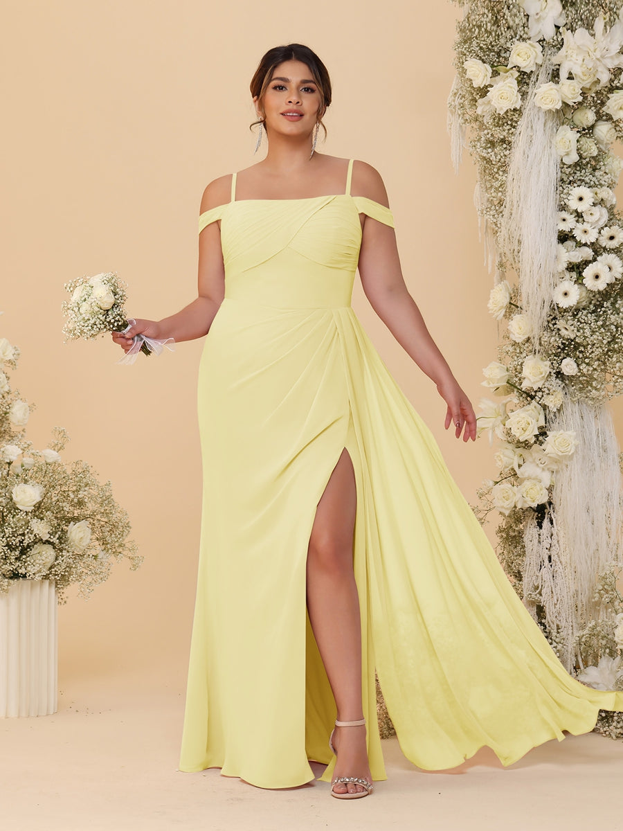 Sheath/Column Off-the-Shoulder Spaghetti Straps Plus Size  Bridesmaid Dresses With Side Slit