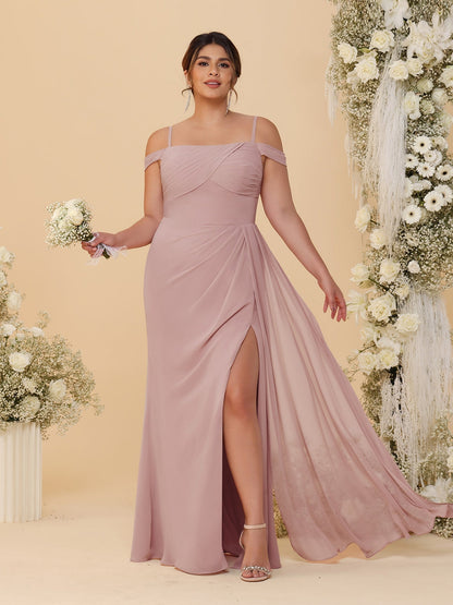 Sheath/Column Off-the-Shoulder Spaghetti Straps Plus Size  Bridesmaid Dresses With Side Slit