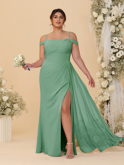 Sheath/Column Off-the-Shoulder Spaghetti Straps Plus Size  Bridesmaid Dresses With Side Slit