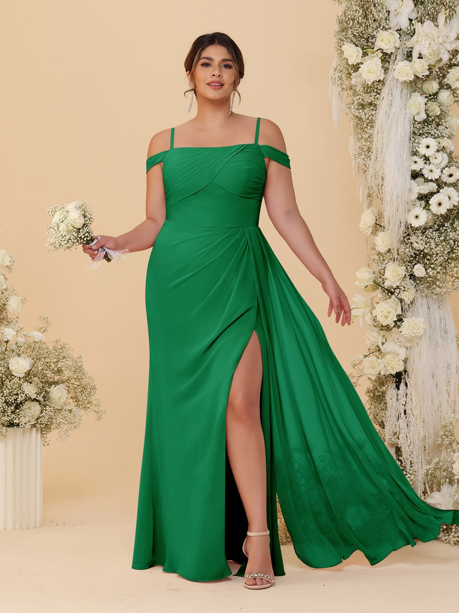 Sheath/Column Off-the-Shoulder Spaghetti Straps Plus Size  Bridesmaid Dresses With Side Slit