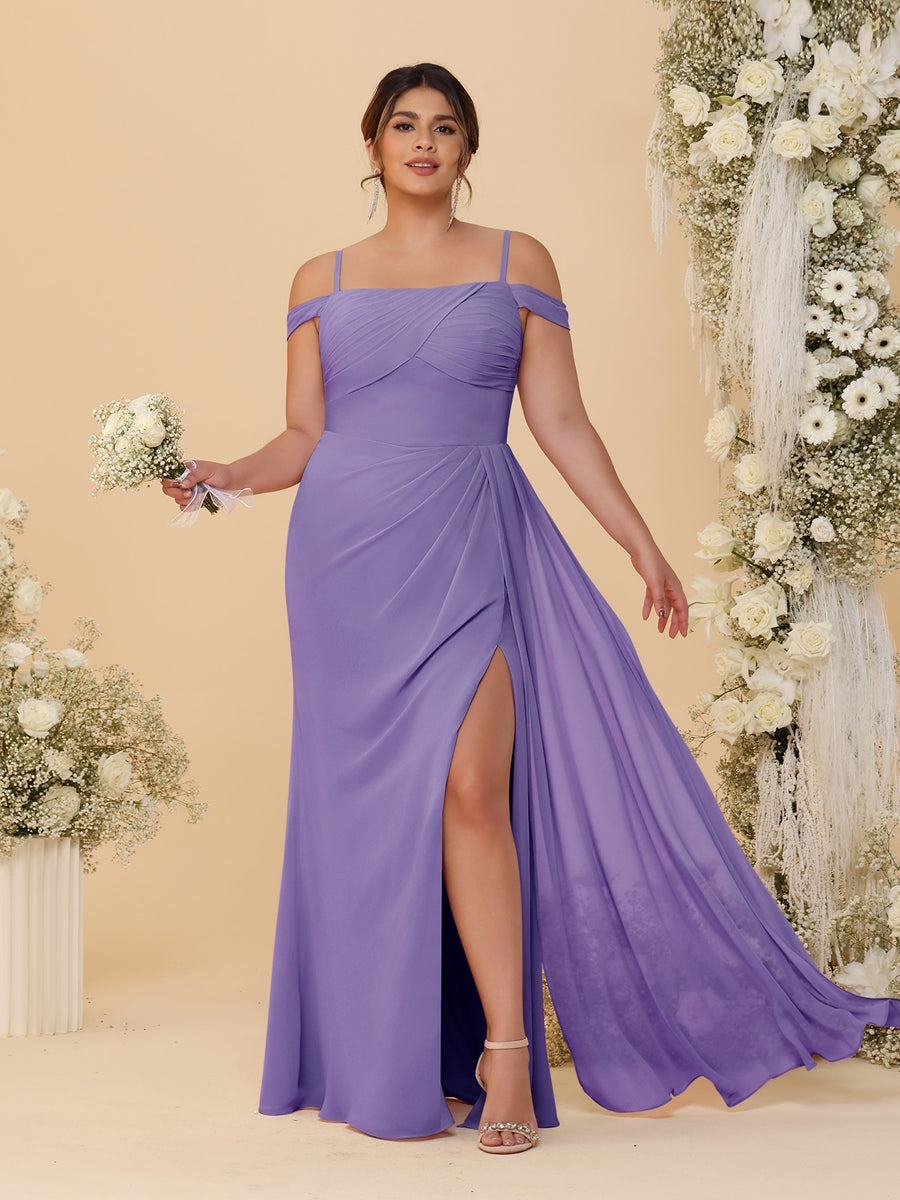 Sheath/Column Off-the-Shoulder Spaghetti Straps Plus Size  Bridesmaid Dresses With Side Slit
