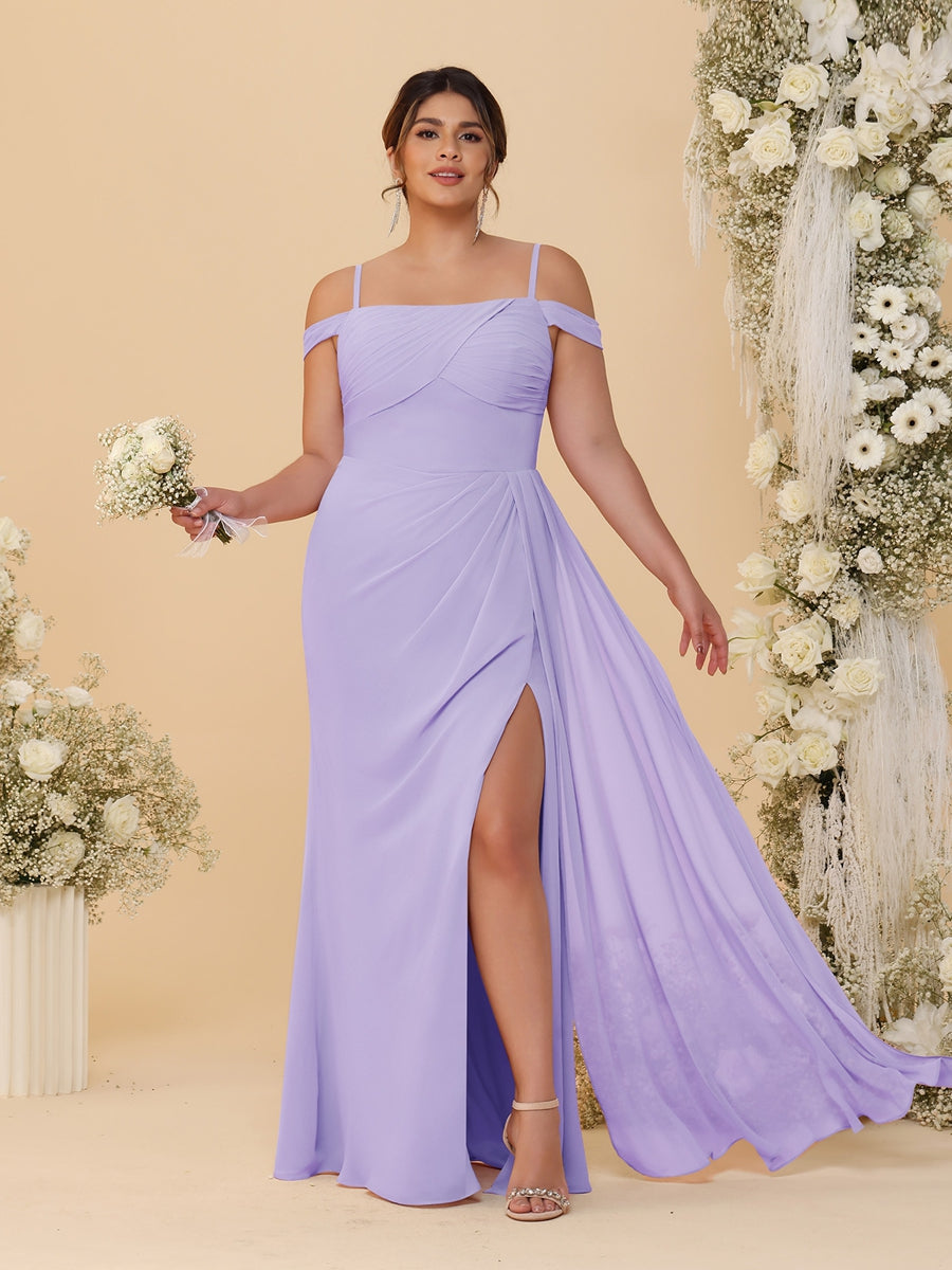 Sheath/Column Off-the-Shoulder Spaghetti Straps Plus Size  Bridesmaid Dresses With Side Slit