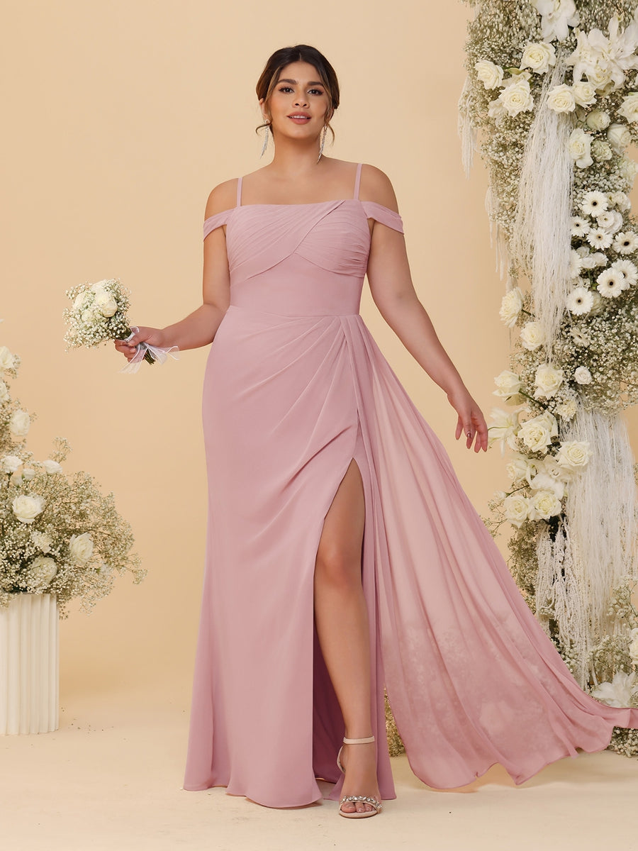Sheath/Column Off-the-Shoulder Spaghetti Straps Plus Size  Bridesmaid Dresses With Side Slit