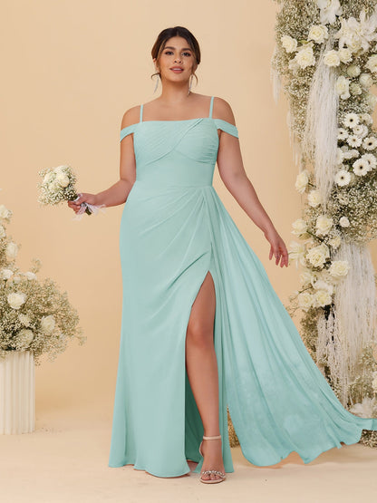 Sheath/Column Off-the-Shoulder Spaghetti Straps Plus Size  Bridesmaid Dresses With Side Slit