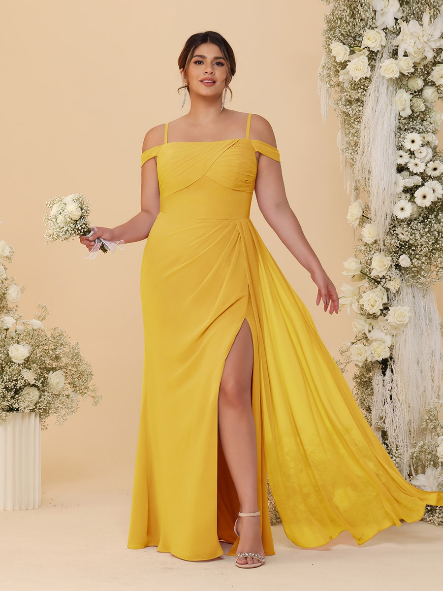 Sheath/Column Off-the-Shoulder Spaghetti Straps Plus Size  Bridesmaid Dresses With Side Slit