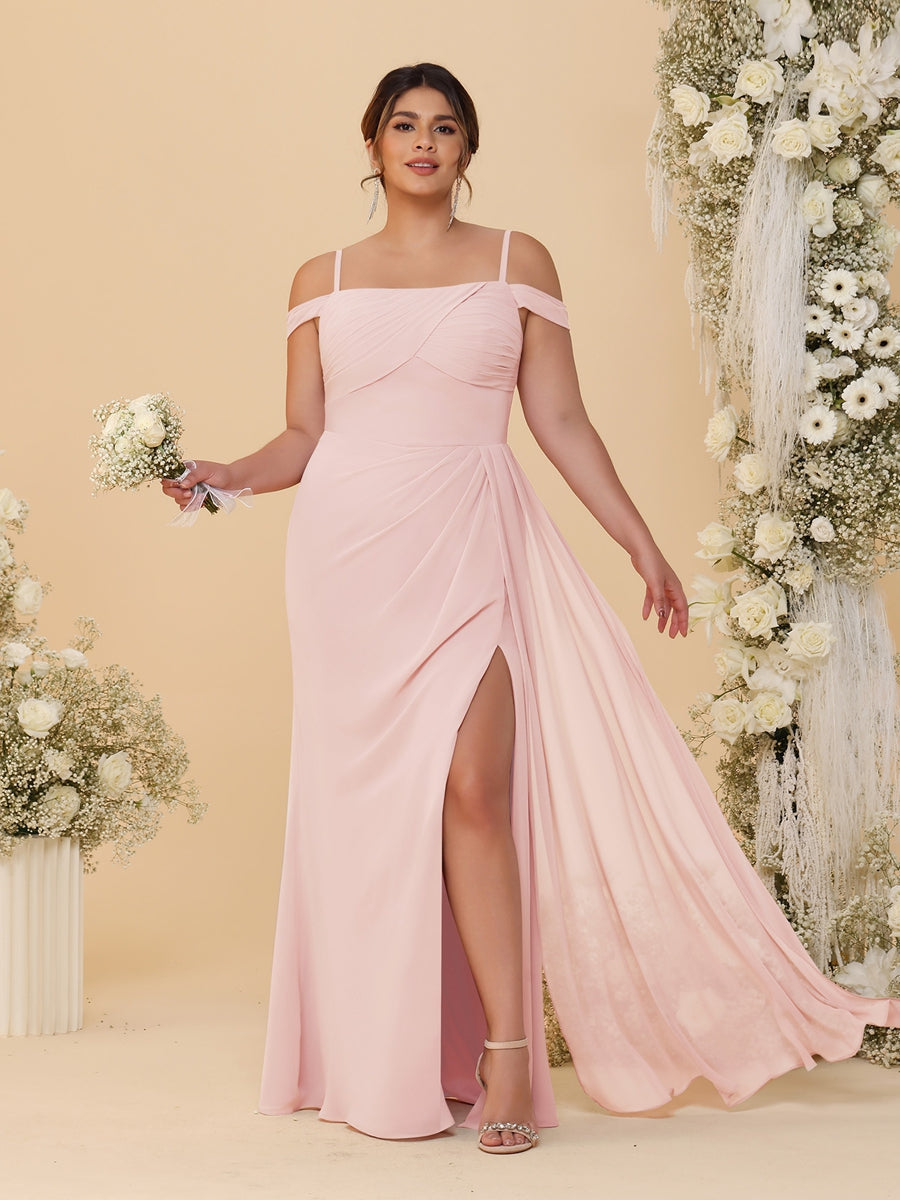 Sheath/Column Off-the-Shoulder Spaghetti Straps Plus Size  Bridesmaid Dresses With Side Slit