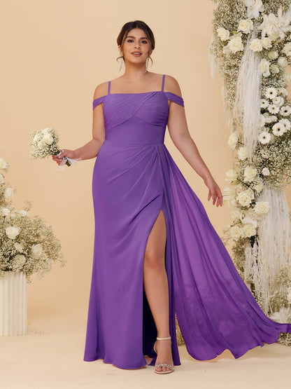 Sheath/Column Off-the-Shoulder Spaghetti Straps Plus Size  Bridesmaid Dresses With Side Slit