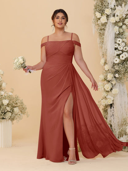 Sheath/Column Off-the-Shoulder Spaghetti Straps Plus Size  Bridesmaid Dresses With Side Slit