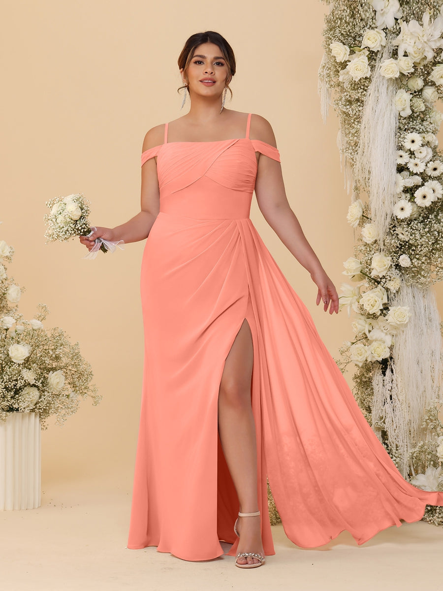 Sheath/Column Off-the-Shoulder Spaghetti Straps Plus Size  Bridesmaid Dresses With Side Slit