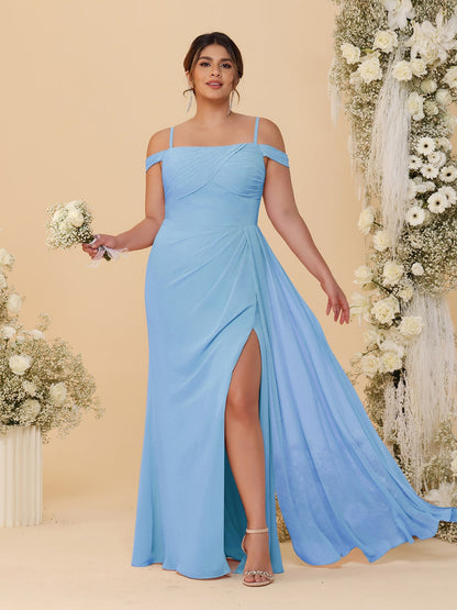Sheath/Column Off-the-Shoulder Spaghetti Straps Plus Size  Bridesmaid Dresses With Side Slit