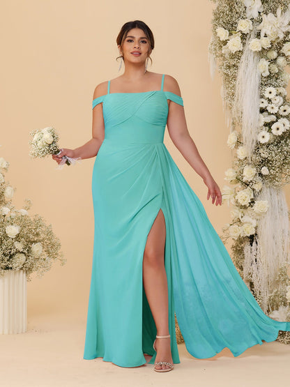 Sheath/Column Off-the-Shoulder Spaghetti Straps Plus Size  Bridesmaid Dresses With Side Slit