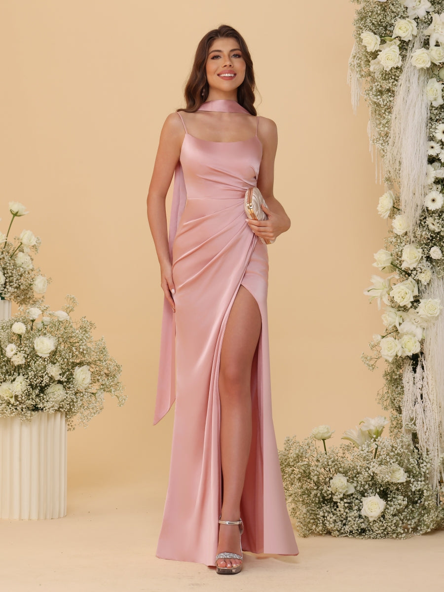 Sheath/Column Spaghetti Straps Sleeveless Floor-Length Ruched Bridesmaid Dresses With Neck Scarf & Split Side