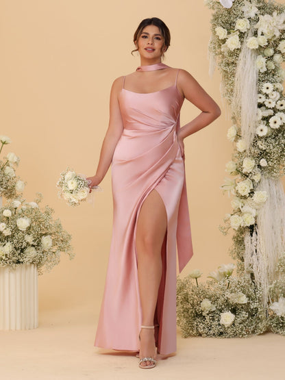Sheath/Column Spaghetti Straps Sleeveless Floor-Length Ruched Bridesmaid Dresses With Neck Scarf & Split Side