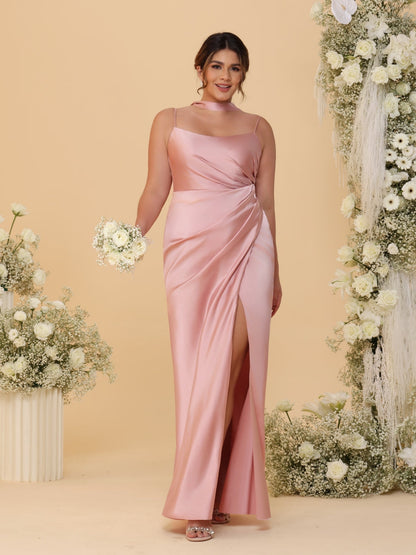 Sheath/Column Spaghetti Straps Sleeveless Floor-Length Ruched Bridesmaid Dresses With Neck Scarf & Split Side