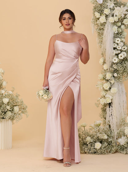 Sheath/Column Spaghetti Straps Sleeveless Floor-Length Ruched Bridesmaid Dresses With Neck Scarf & Split Side