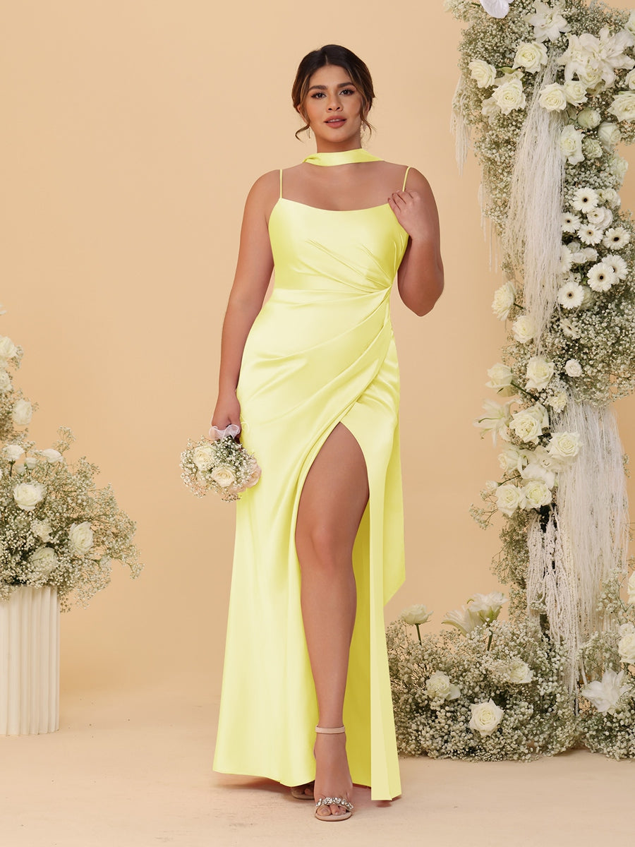 Sheath/Column Spaghetti Straps Sleeveless Floor-Length Ruched Bridesmaid Dresses With Neck Scarf & Split Side