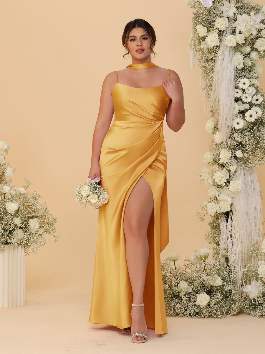 Sheath/Column Spaghetti Straps Sleeveless Floor-Length Ruched Bridesmaid Dresses With Neck Scarf & Split Side
