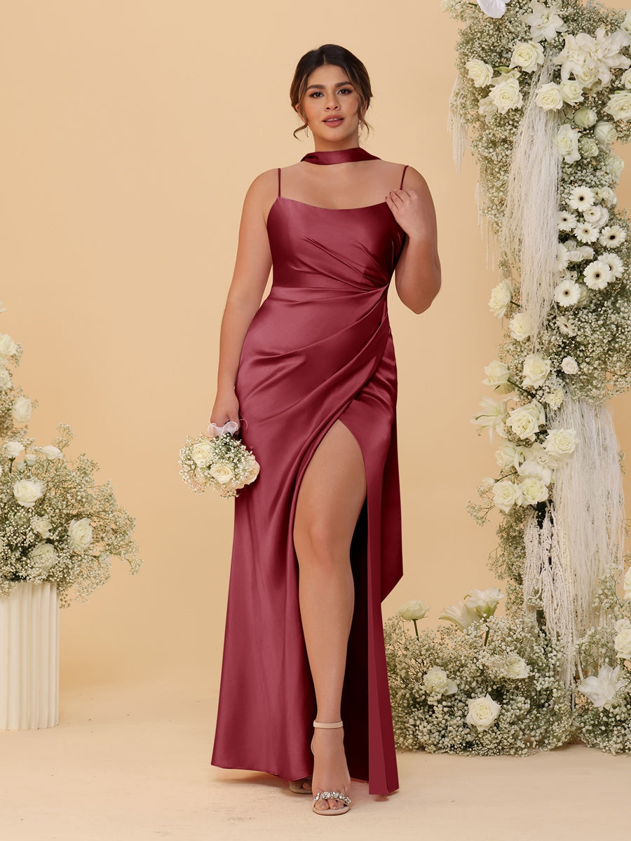 Sheath/Column Spaghetti Straps Sleeveless Floor-Length Ruched Bridesmaid Dresses With Neck Scarf & Split Side