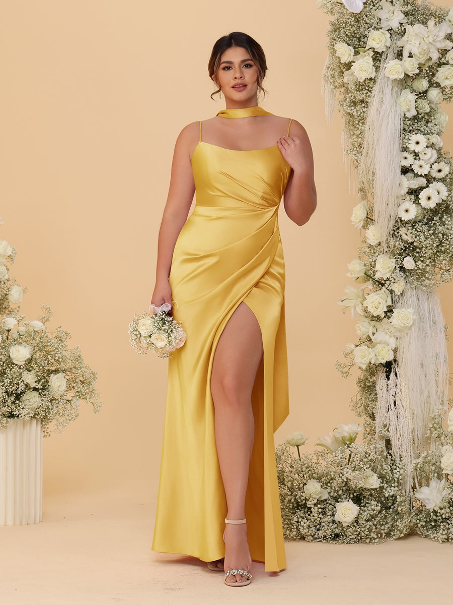 Sheath/Column Spaghetti Straps Sleeveless Floor-Length Ruched Bridesmaid Dresses With Neck Scarf & Split Side