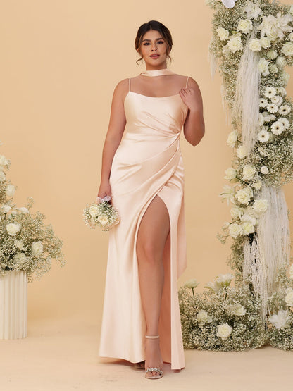 Sheath/Column Spaghetti Straps Sleeveless Floor-Length Ruched Bridesmaid Dresses With Neck Scarf & Split Side