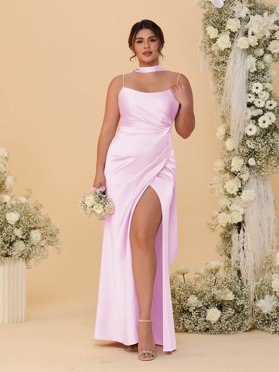 Sheath/Column Spaghetti Straps Sleeveless Floor-Length Ruched Bridesmaid Dresses With Neck Scarf & Split Side
