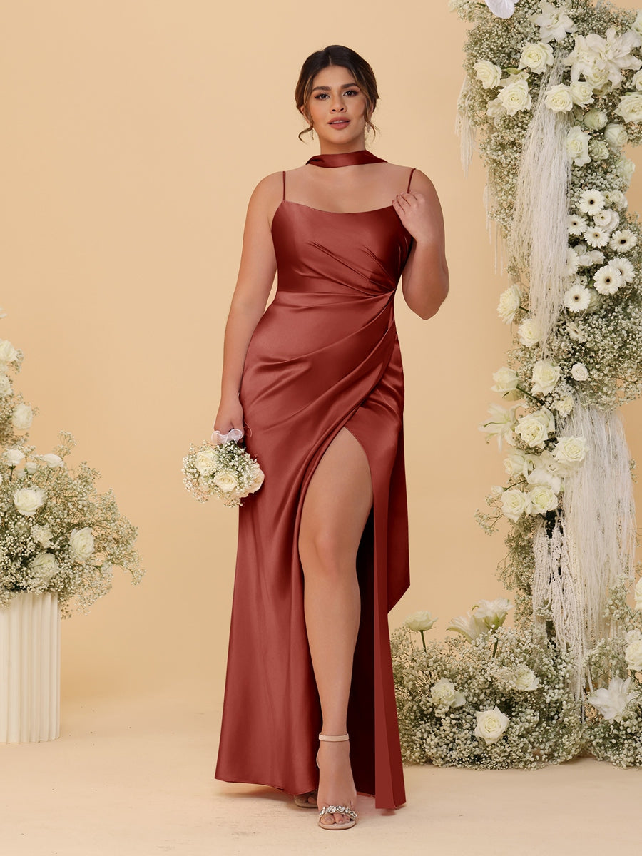 Sheath/Column Spaghetti Straps Sleeveless Floor-Length Ruched Bridesmaid Dresses With Neck Scarf & Split Side