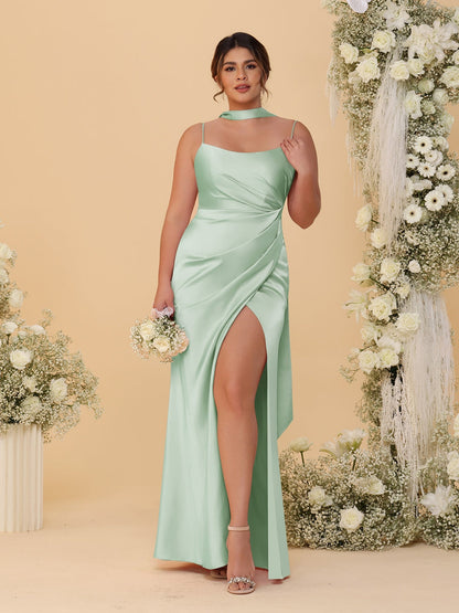 Sheath/Column Spaghetti Straps Sleeveless Floor-Length Ruched Bridesmaid Dresses With Neck Scarf & Split Side