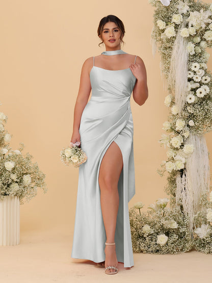 Sheath/Column Spaghetti Straps Sleeveless Floor-Length Ruched Bridesmaid Dresses With Neck Scarf & Split Side