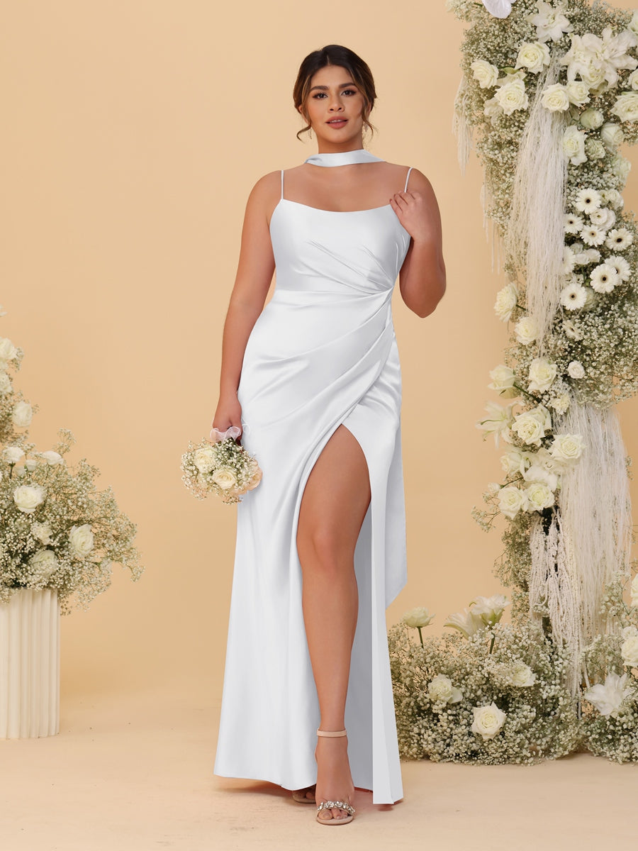 Sheath/Column Spaghetti Straps Sleeveless Floor-Length Ruched Bridesmaid Dresses With Neck Scarf & Split Side