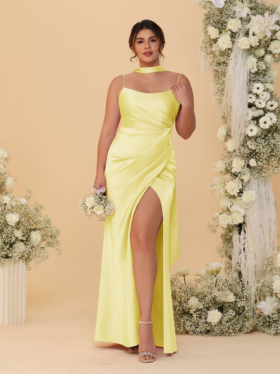 Sheath/Column Spaghetti Straps Sleeveless Floor-Length Ruched Bridesmaid Dresses With Neck Scarf & Split Side