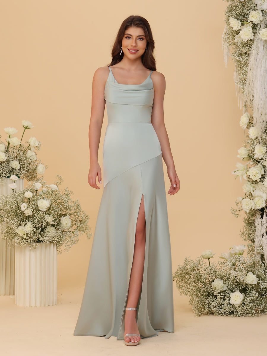 Sheath/Column Spaghetti Straps Cowl Neck Sleeveless Bridesmaid Dresses With Split Side