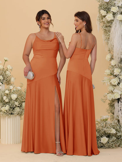 Sheath/Column Spaghetti Straps Cowl Neck Sleeveless Bridesmaid Dresses With Split Side