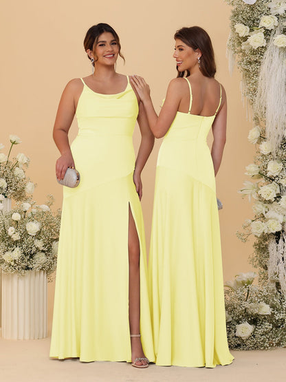 Sheath/Column Spaghetti Straps Cowl Neck Sleeveless Bridesmaid Dresses With Split Side