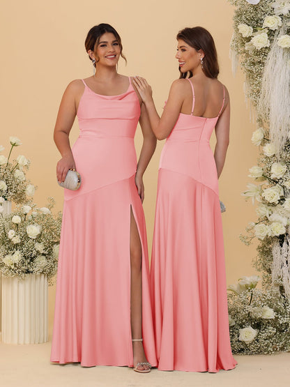 Sheath/Column Spaghetti Straps Cowl Neck Sleeveless Bridesmaid Dresses With Split Side