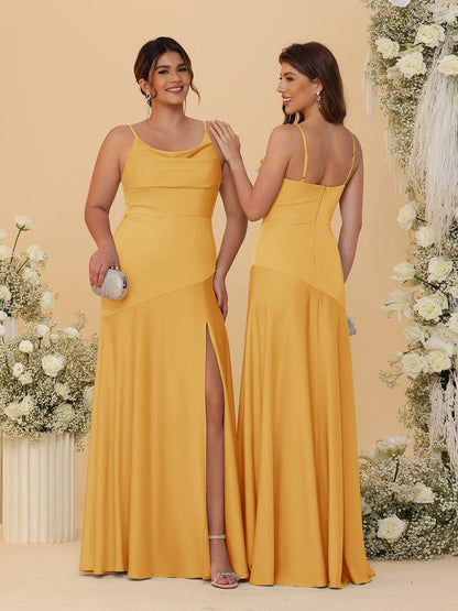Sheath/Column Spaghetti Straps Cowl Neck Sleeveless Bridesmaid Dresses With Split Side
