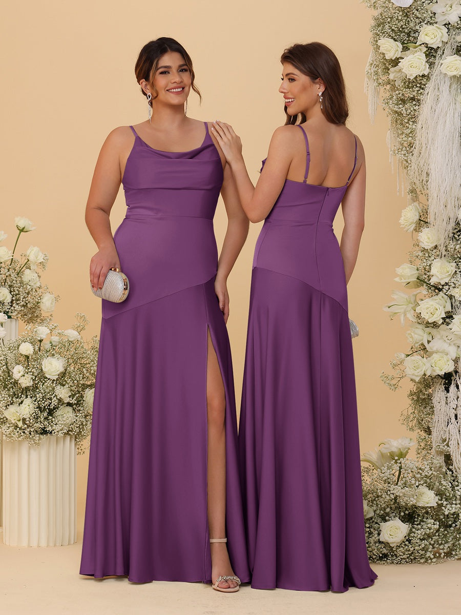 Sheath/Column Spaghetti Straps Cowl Neck Sleeveless Bridesmaid Dresses With Split Side