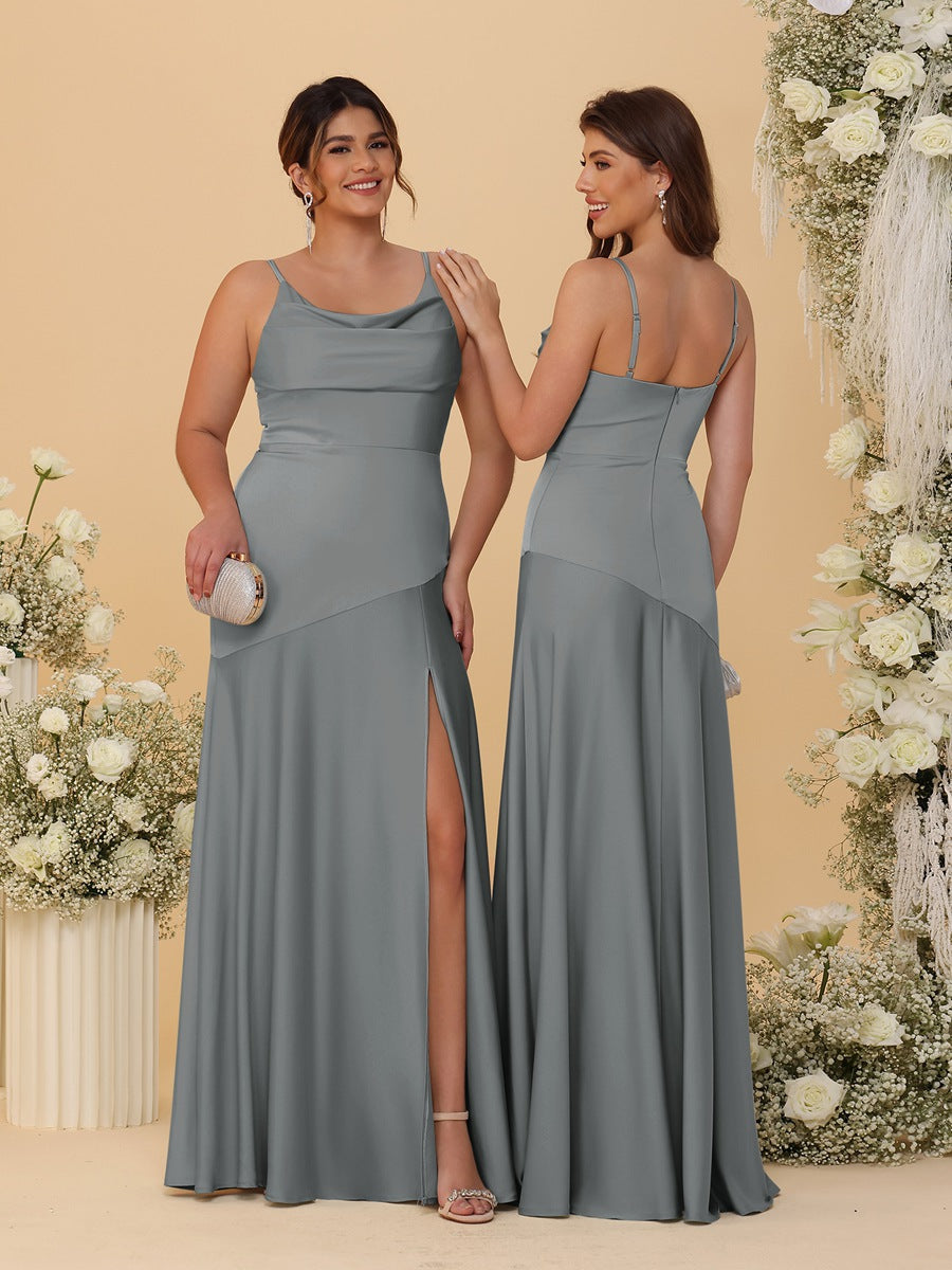 Sheath/Column Spaghetti Straps Cowl Neck Sleeveless Bridesmaid Dresses With Split Side
